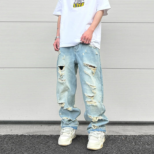 washed blue oversized torn jeans for men streetwear hip hop large destroyed wide leg jeans baggy straight ripped denim pants ripped baggy denim