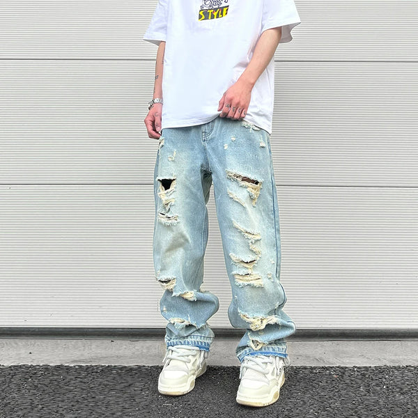 washed blue oversized torn jeans for men streetwear hip hop large destroyed wide leg jeans baggy straight ripped denim pants ripped baggy denim