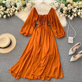 Chic Elegant Square Collar Maxi Dress Women Solid Chiffon Puff Sleeve Dresses 2023 Korean Fashion Vintage Ruffle Vestidos