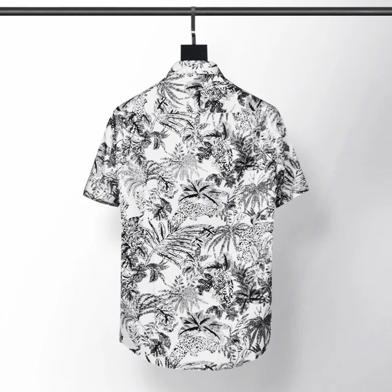 New 2021 luxury Men Classic Sketch jungle Leopard Fashion 50% Silk Casual Shirts Shirt high quality Pocket Short sleeves #A47