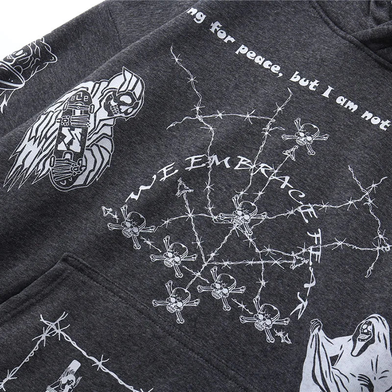 2023 Hip Hop Hoodie Sweatshirt Men Streetwear Skull Graffiti Print Hoodie Pullover Cotton Autumn Grey Harajuku Punk Clothes New