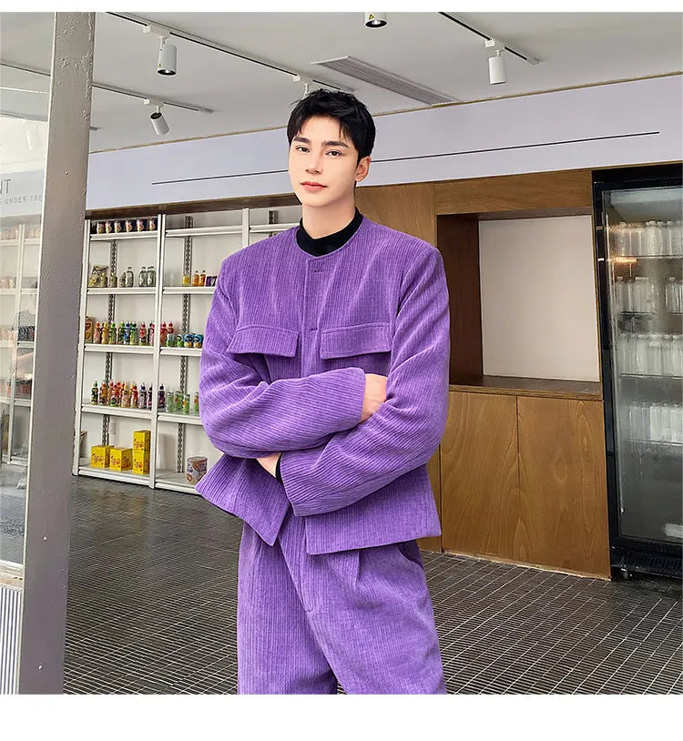 men 2 pieces sets corduroy short jacket wide leg pant suits korean streetwear fashion loose casual retro coat baggy trousers unique shorts style 2806