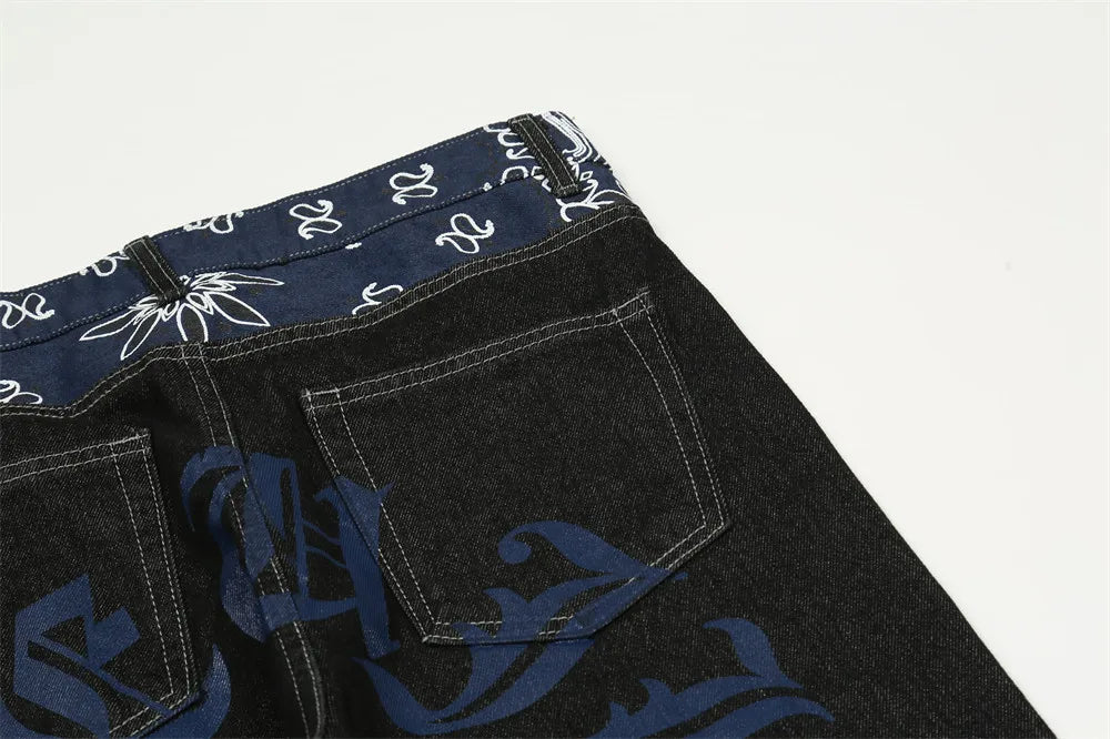 y2k retro sanskrit black jeans street casual pants punk male hip hop print loose harajuku mens straight pants ins hot sale unique jeans style 4779