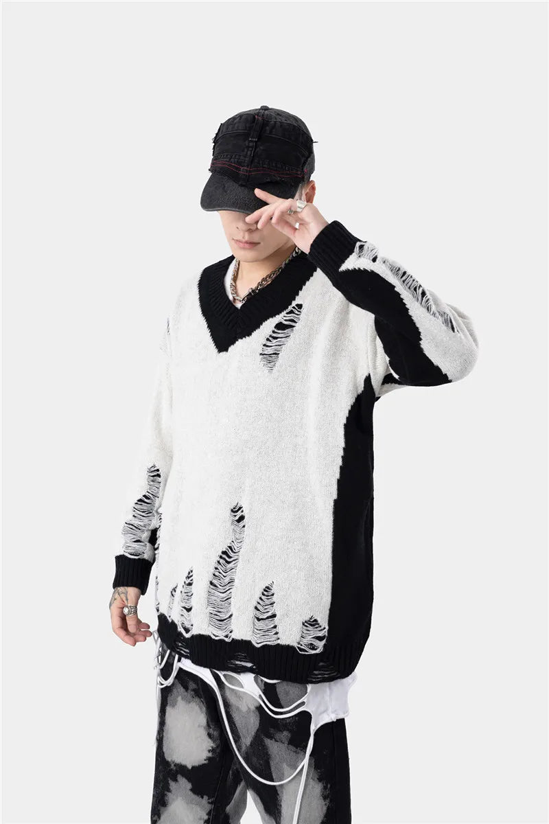 hip hop streetwear knitted sweater sweater 2022 mens harajuku ripped holes new casual v neck tops cotton loose pullover sweaters - urban fashion pullover, vintage look oversized hoodie, high quality cotton hoodie