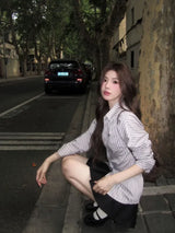 Early Autumn Stripe Tight Waist Long Sleeve Shirts Women 2024 Autumn N
