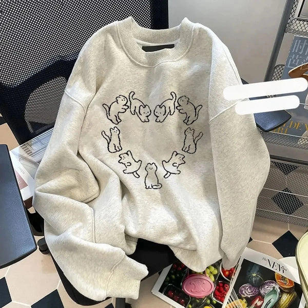 Korean Version Of The New Cat Print Crew Neck Hoodie For Men And Women