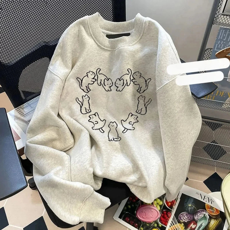Korean Version Of The New Cat Print Crew Neck Hoodie For Men And Women