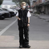 summer casual sleeveless set men hip hop loose hooded vest pockets straight leg cargo pants 2 piece outdoors sports camp suit unique cargo style 4420