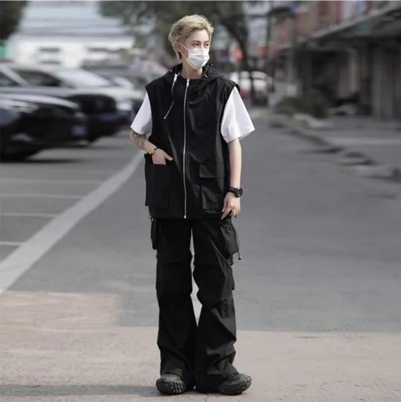 summer casual sleeveless set men hip hop loose hooded vest pockets straight leg cargo pants 2 piece outdoors sports camp suit unique cargo style 4420