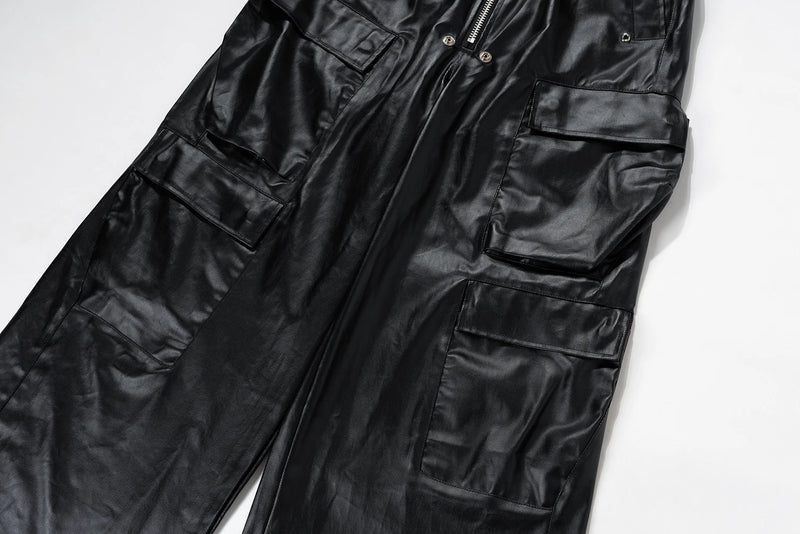 ro style matte pu leather pants for men high street y2k pantalones hombre baggy overall wide leg drawstring cargo pants unique cargo style 5559