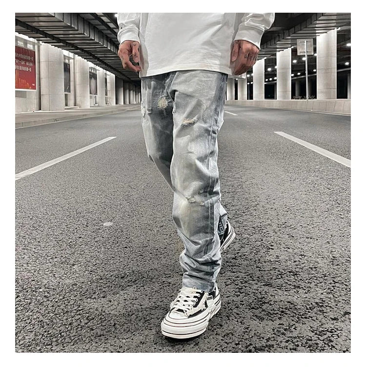 original tie dyed ripped flared denim jean for men streetwear washed hole casual stacked jeans pants mens slim fit jeans 2023 unique jeans style 3745