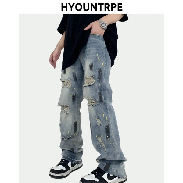 graffiti printed ripped destroied straight denim jean men hip hop distressed biker jeans fashion casual high street pants jogger relaxed fit joggers