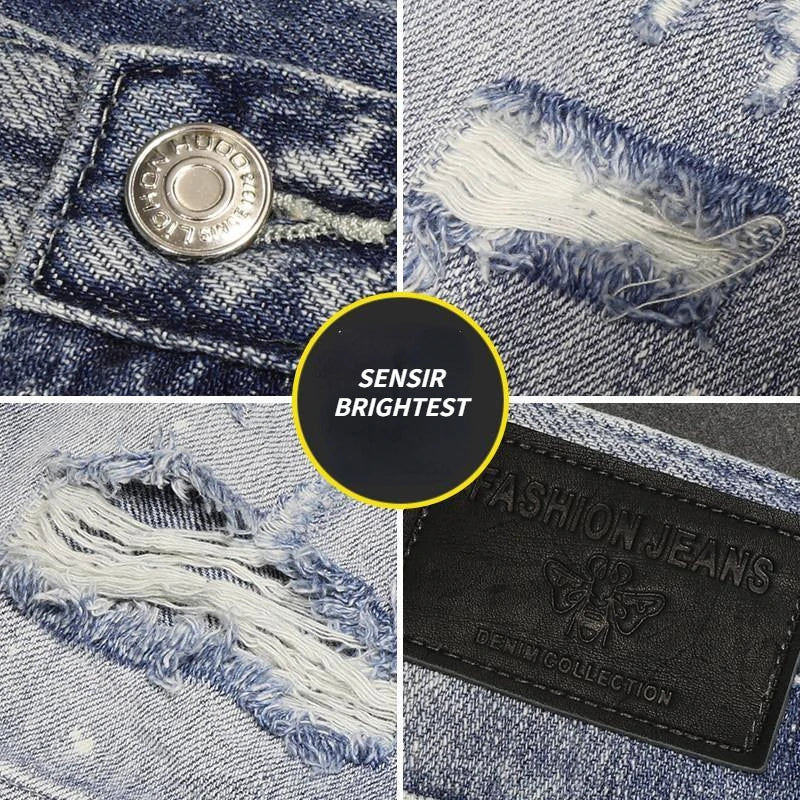 Light Blue Ripped Summer Denim Shorts Street Heavy Washed Destroyed Shorts Men