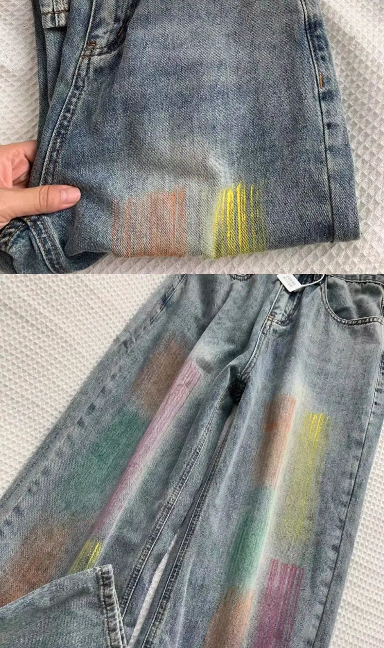 american retro personalized trend color gradient jeans for men and women new washed straight leg micro flared casual pants y2k unique jeans style 651
