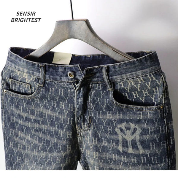 european and american fashion brand cowboy middle pants mens five point shorts non fading washed printed denim shorts urban skinny jeans