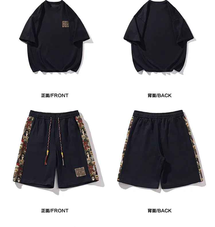 Summer New 4Colors Men Sets Casual Short-sleeved O-neck Tshirt Side Embroidery Knee-length Trousers Fashion Street Men Suits