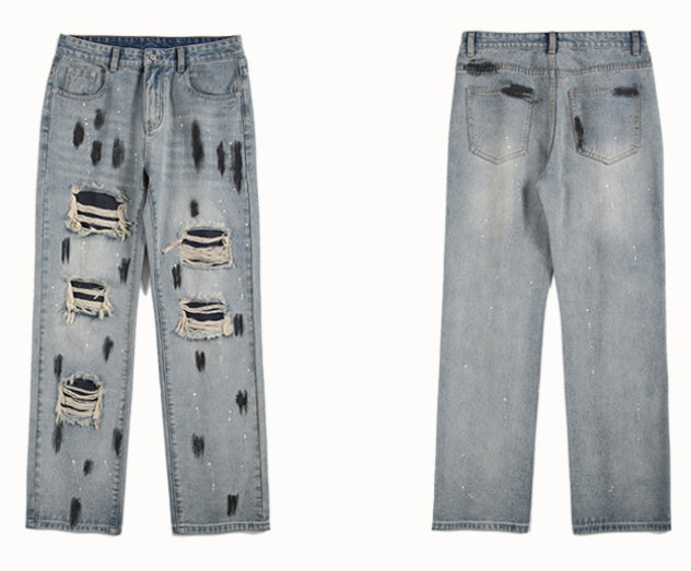 graffiti printed ripped destroied denim jean mens distressed biker jeans trousers new fashion high street straight pants joggers unique joggers style 2738
