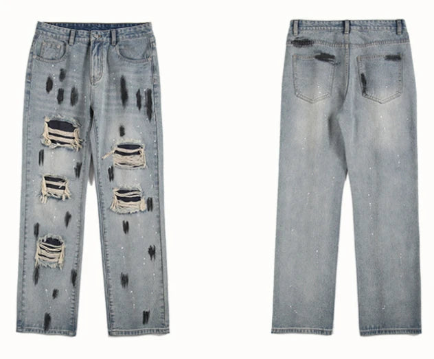 graffiti printed ripped destroied denim jean mens distressed biker jeans trousers new fashion high street straight pants joggers unique joggers style 2730