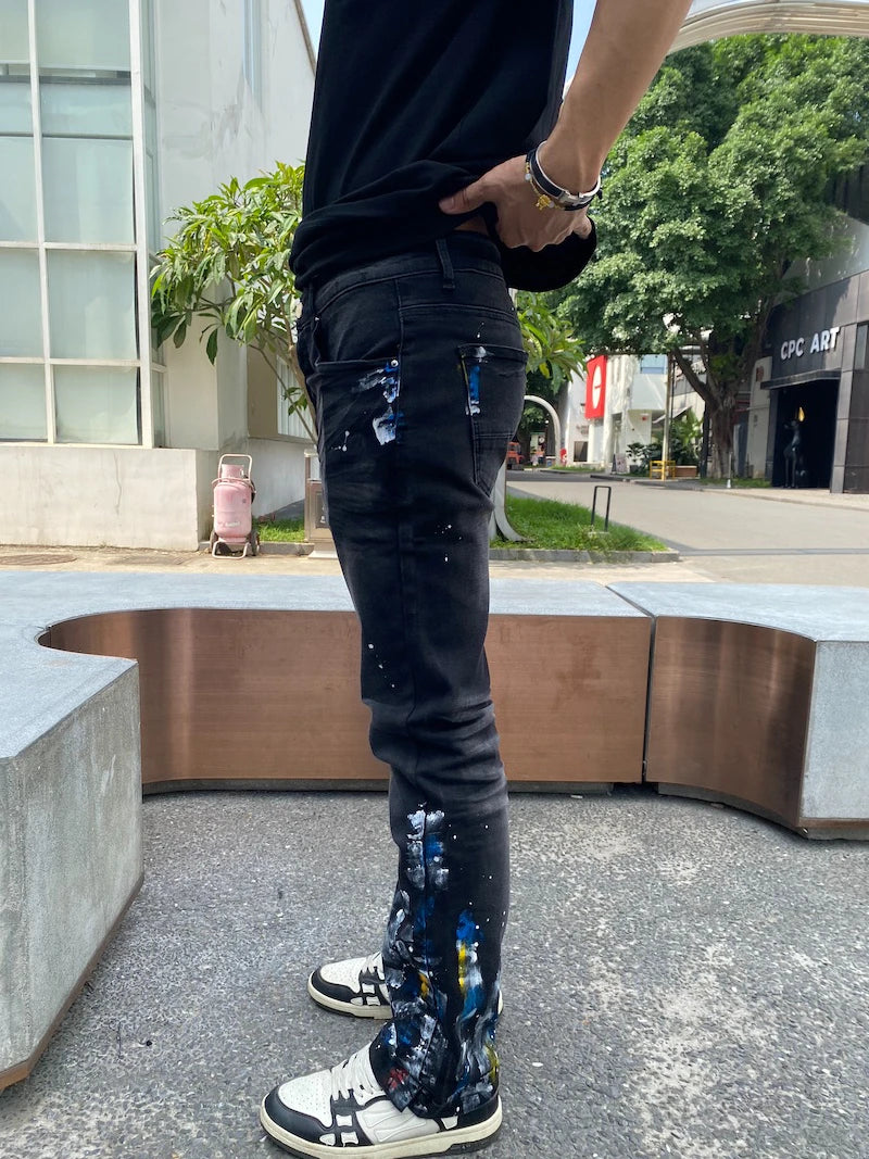 graffiti printed skinny denim jeans men casual buttons fly slim straight biker trousers jeans fashion hip hop jean pants joggers unique joggers style 3396