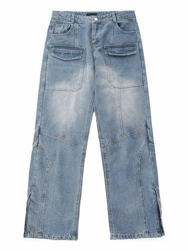 fashion straight denim jean pants unisex casual bottom button open pants high street cargo trousers hip hop zipper joggers men unique joggers style 3232