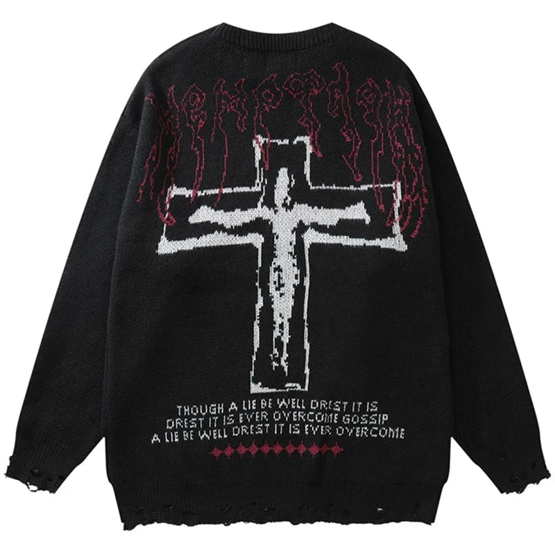 vintage sweaters y2k grunge streetwear hip hop ripped hole knitted cross punk gothic jumpers fashion harajuku casual pullover high quality cotton pullover, aesthetic street look hoodie, oversized graphic print design