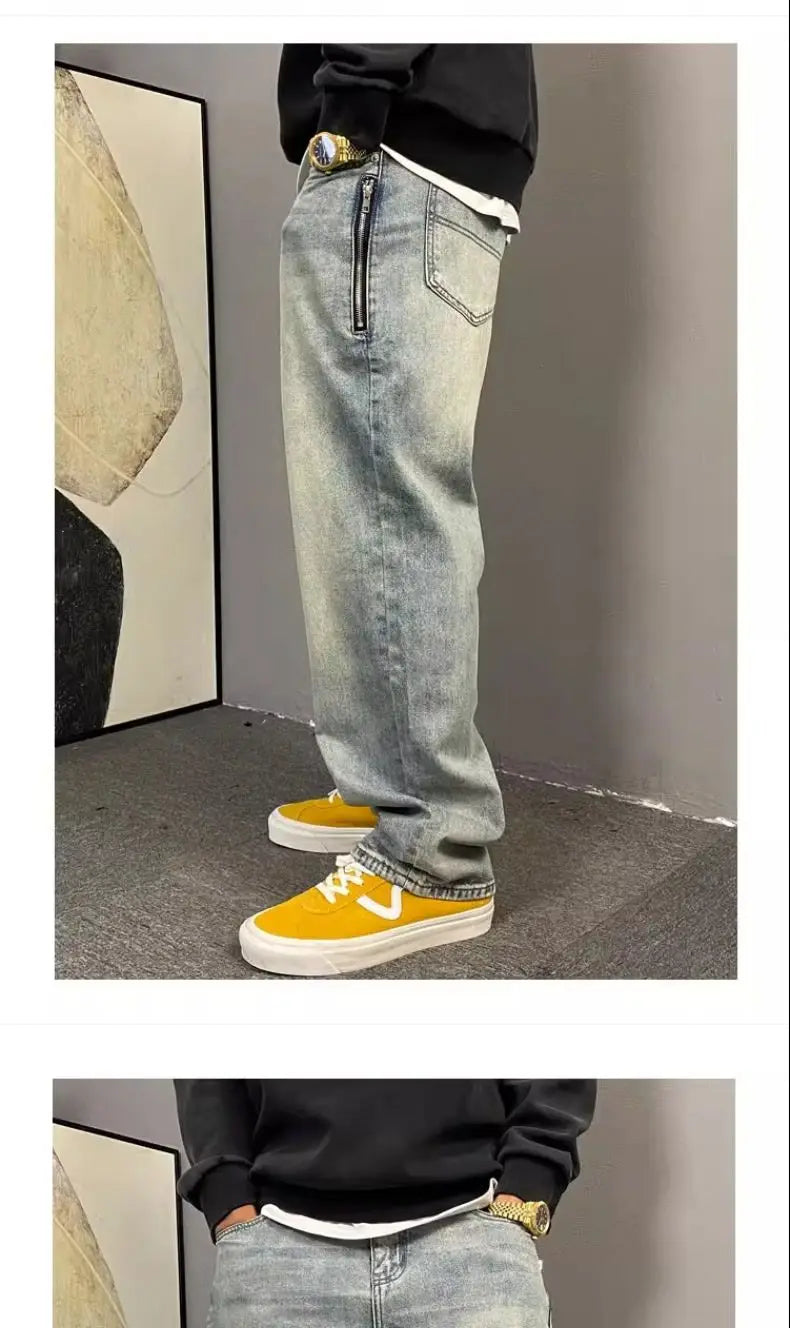 American casual ruffian handsome washed retro zipper jeans men straight loose trendy