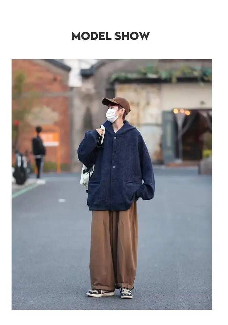 Korean Retro Y2K Waffle Hooded Jacket for Men and Women Ins Harajuku Style Casual Loose