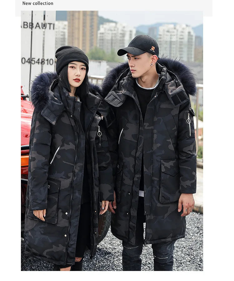 Korean Style Winter Long Parka Coat Men Woman Down Jacket Clothing Hooded Fur Collar Thicken Warm Leisure Lovers Overcoat