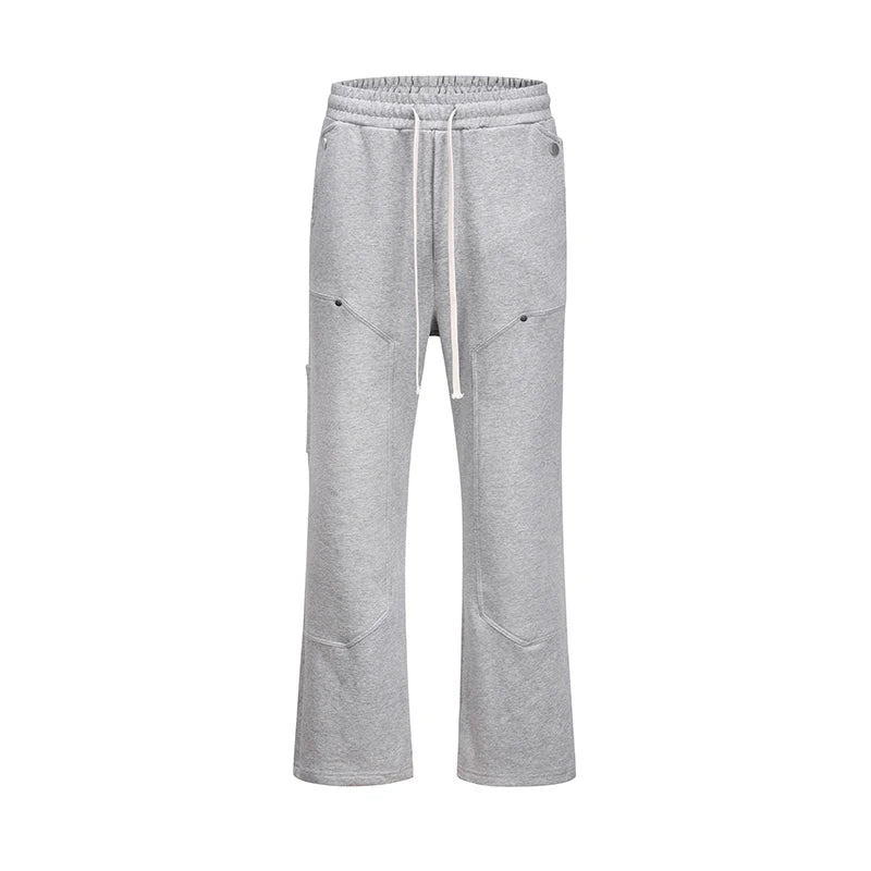 american streetwear gray flared sweatpant men double knee patch micro flare overalls harajuku casual patchwork sweat pants black unique joggers style 2960