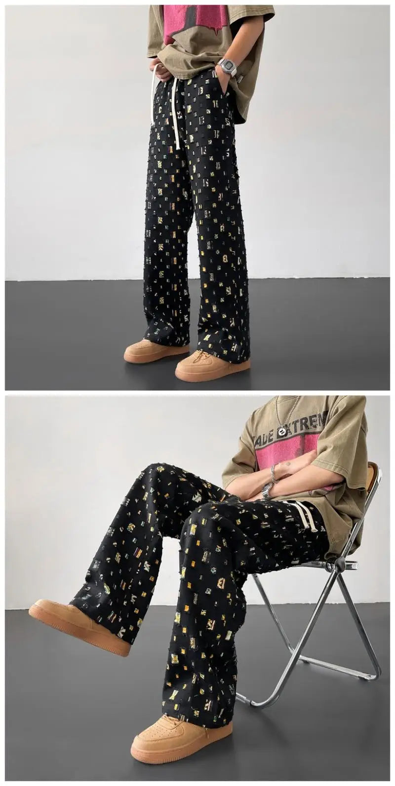 cotton casual pants men fashion retro colored plaid pants men streetwear hip hop loose hollow out pants mens hole trousers m 3xl unique default style 3809