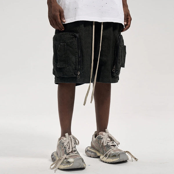 Streetwear Distressed Clothes Hip Hop Tie Dyed Washed Denim Shorts Y2k Oversized Vintage Outdoor Canvas Black Cargo Jeans Shorts