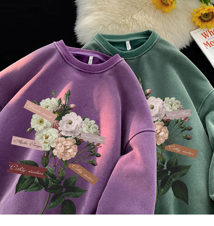Vintage Floral Graphic Men Sweatshirt Spring Autumn Gothic Round Neck Pullover Hip Hop Streetwear Y2k Sweatshirts