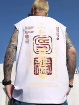 Glitchcore Melting smiley – Summer Chinese Character Print Tank Top Mens Hip Hop Fashion