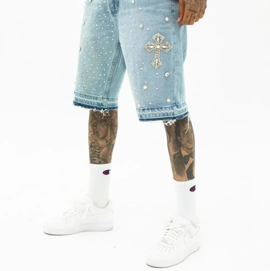 Denim Gym Shorts Men Women Y2K Hip Hop Retro Rhinestones Streetwear Shorts Gothic Baggy Jeans High Waist Basketball Shorts