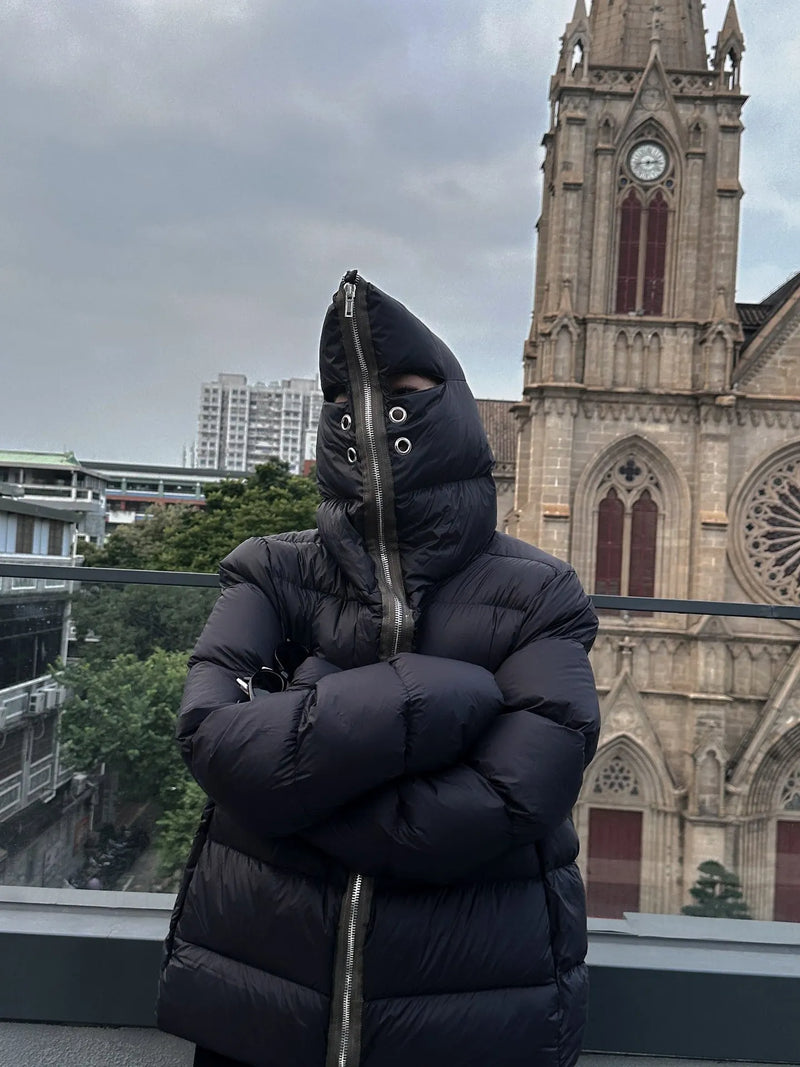 Winter Men's Down Jacket Coat Dark Style Shark Head Masked Zipper Goose Down Warm Regular Down Jacket Coat For Men And Women