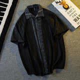 Mens Hollow Lace Elegant Short Sleeve Lazy Style Casual Breathable Personality Hollow Design Thin Shirt Unisex 2024 Summer New