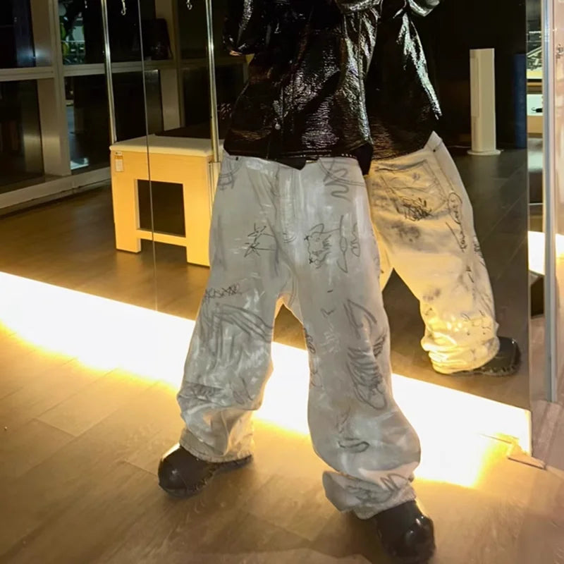 hand painted graffiti washed baggy jeans for men and women y2k streetwear pantalones hombre casual denim trousers oversized unique jeans style 6011