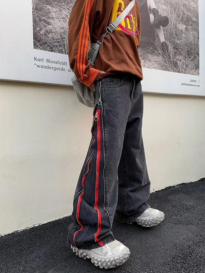 2023 cool design side zipper oversize hip hop men wide jeans pants y2k clothes straight loose punk denim trousers pantalon homme unique jeans style 1783