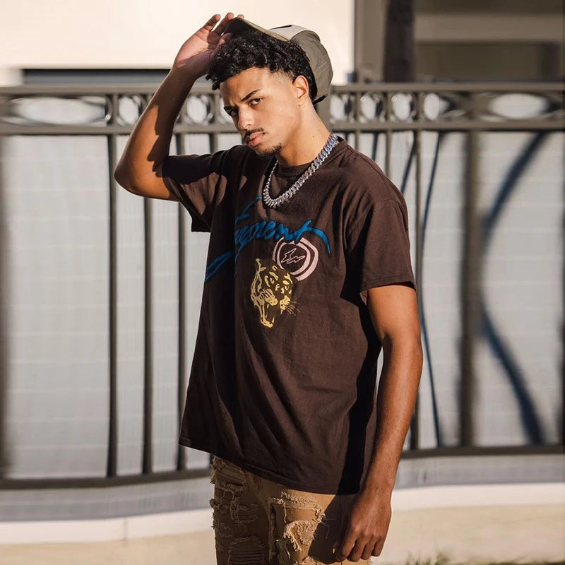 Harajuku Catcus Letter Foam Short Sleeve Men's Streetwear Round Neck Oversized