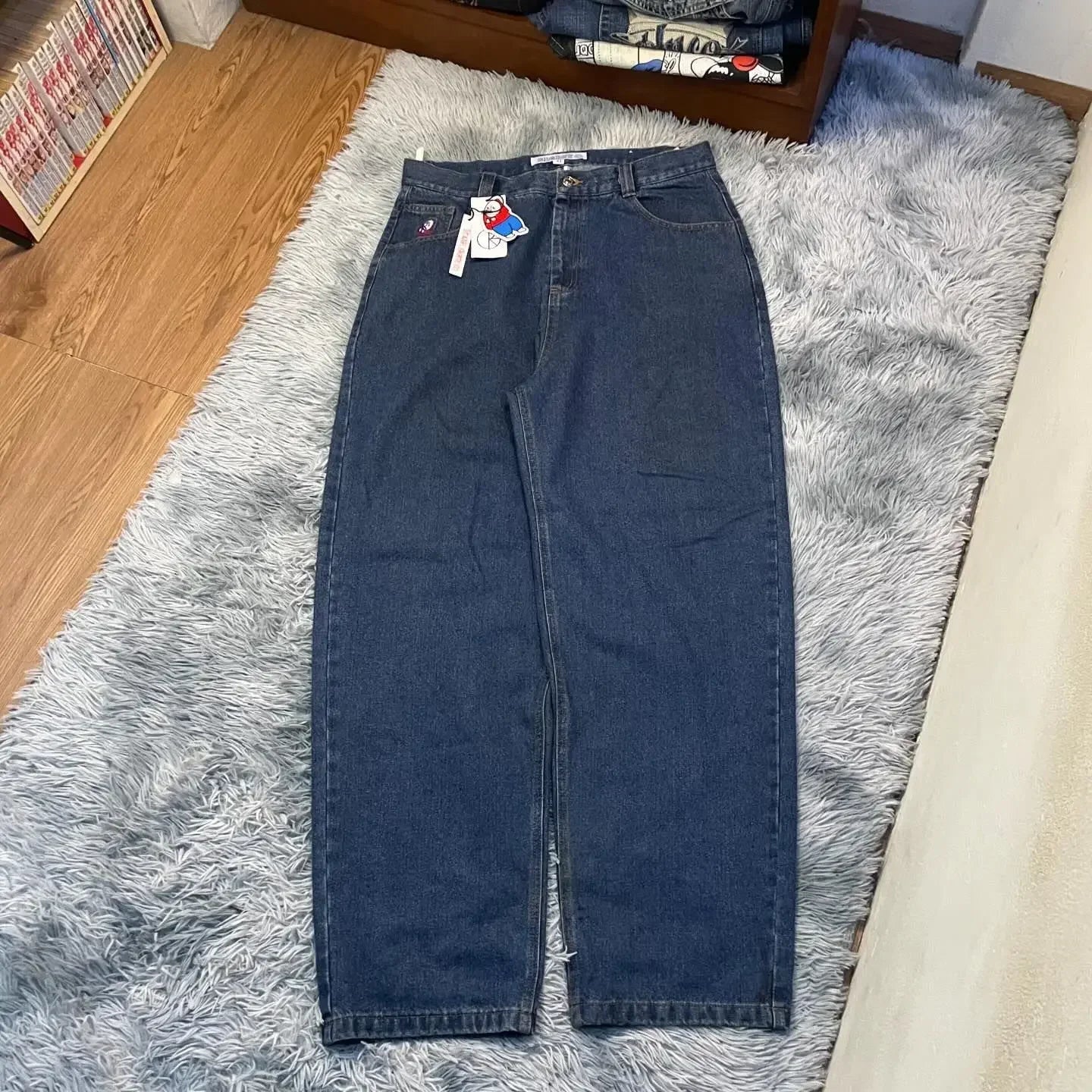 polar big boy y2k pants hip hop cartoon streetwear jeans embroidery retro blue baggy jeans mens womens high waist wide trouser unique jeans style 4636