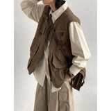 japanese street mens 3 piece set multi pocket camping vest solid cargo shirt side pockets casual pants suit couple trend set unique cargo style 4625