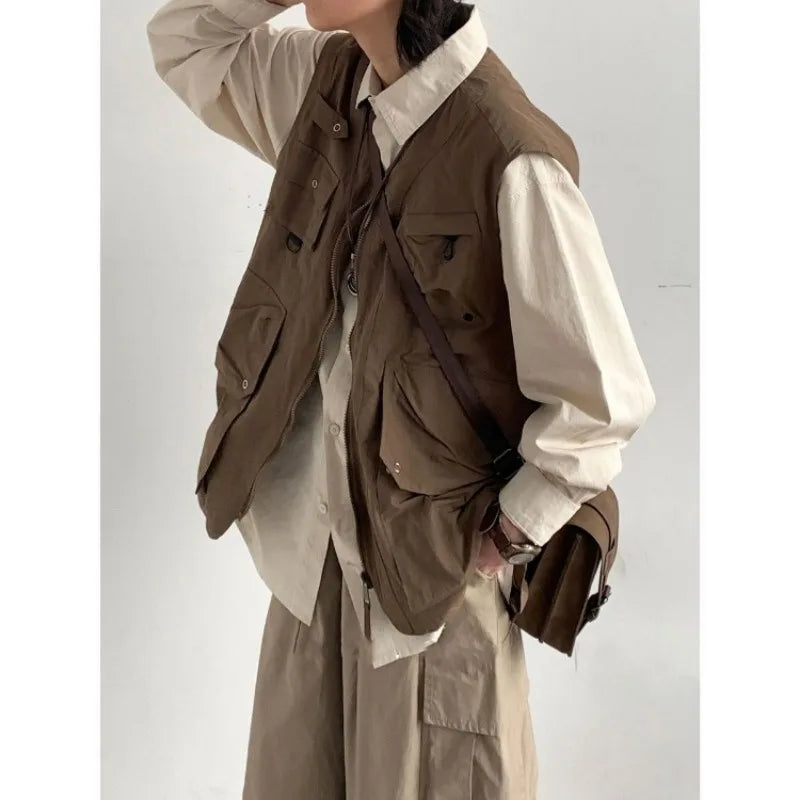 japanese street mens 3 piece set multi pocket camping vest solid cargo shirt side pockets casual pants suit couple trend set unique cargo style 4625