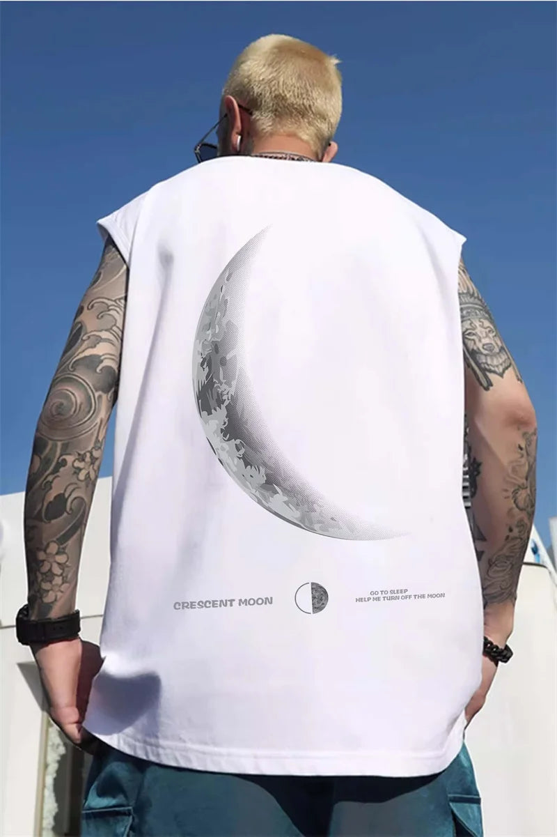 Vaporwave Chrome print – New Crescent Moon Graphic Printed Sleeveless T Shirt Mens Su