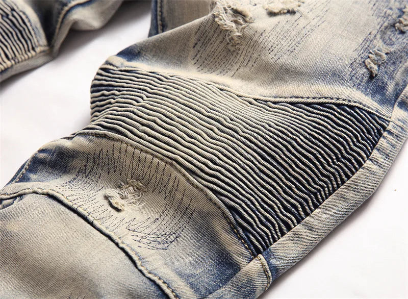 distressed washed pleated denim jean pants new fashion biker jeans streetwear casual slim pants jogger y2k mens skinny joggers unique joggers style 4147