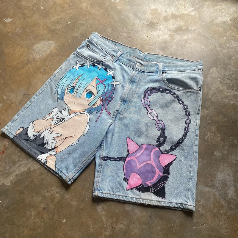 popular casual rem print sweatpants fashion y2k baggy jeans wide leg denim shorts pants harajuku streetwear trouser men clothing unique joggers style 4932