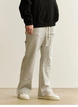 american streetwear gray flared sweatpant men double knee patch micro flare overalls harajuku casual patchwork sweat pants black unique joggers style 2958