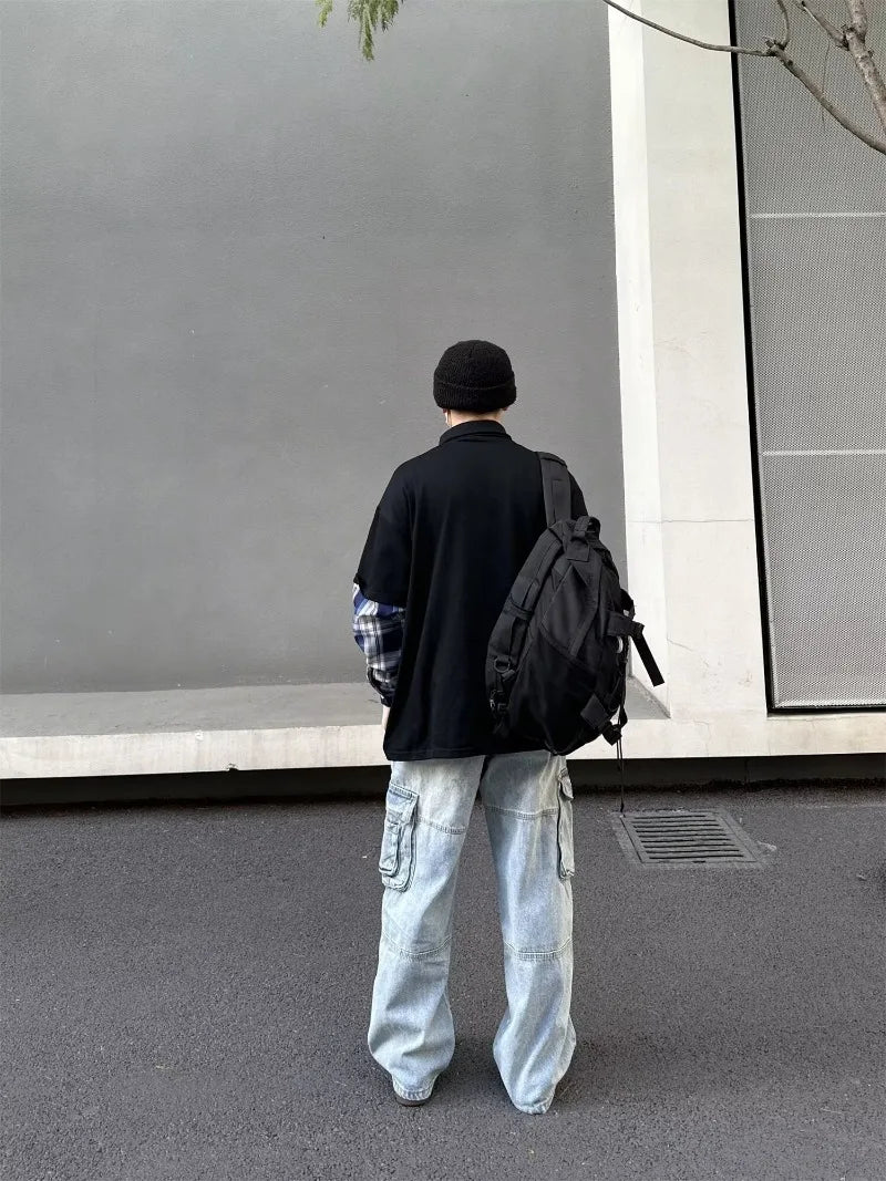 street japanese mens set embroidered fake two piece patchwork tops hip hop washed jeans 2 piece harajuku suits y2k streetwear unique jeans style 4765
