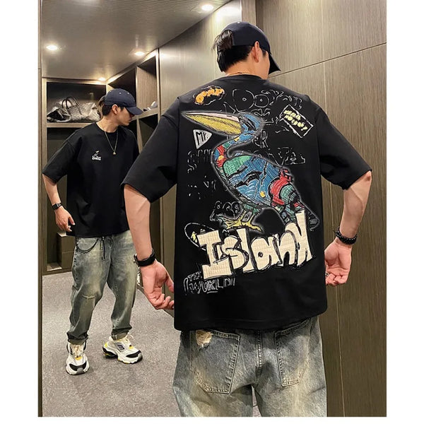 Harajuku Aesthetic piece – Summer Graffiti Short Sleeve T Shirt Mens High Street Loose