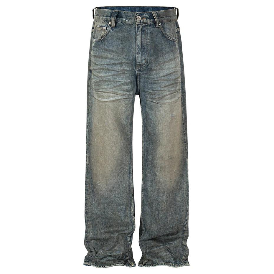 vintage men jeans blue baggy denim pants dirty washed retro loose straight jeans trousers unique jeans style 5995
