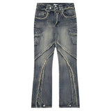 high street jeans mens spring autumn rough edge splicing design trendy denim pants multiple pockets punk cowboy flared trousers unique jeans style 424